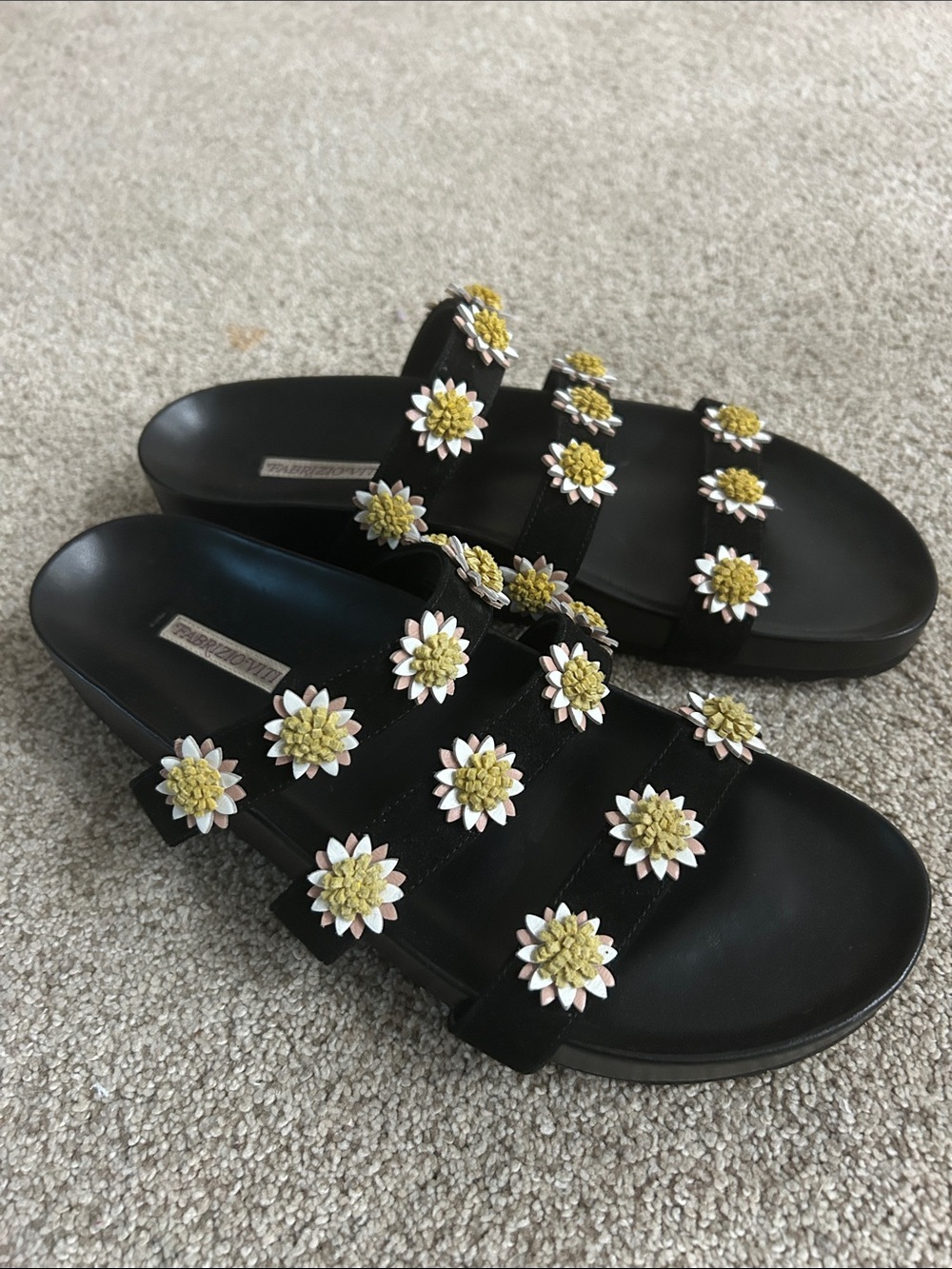 Black Floral-Embellished Triple-Strap Slide Sandals